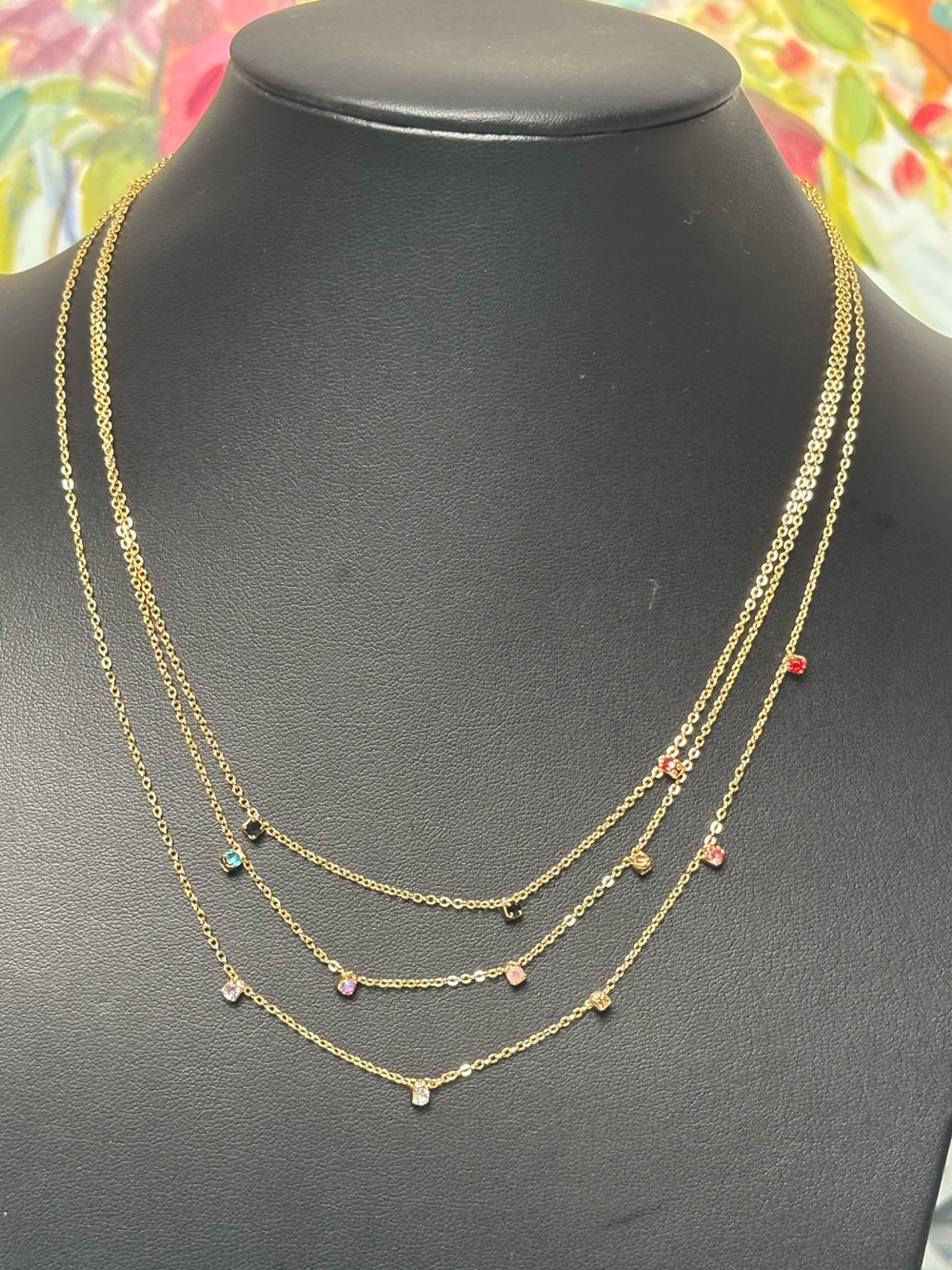 Gold Layered Necklace with Multicolor Gem Accents. NWOT.